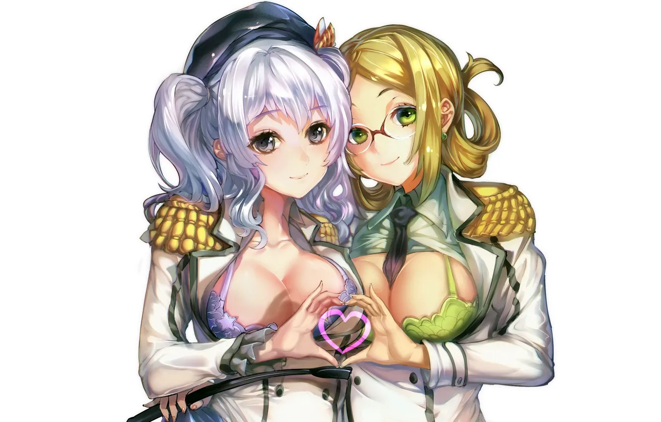 Photo wallpaper sexy, lingerie, bra, cleavage, blouse, green eyes, long hair, girls