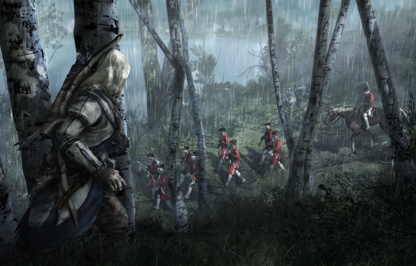 Photo wallpaper forest, night, rain, soldiers, Assassin’s Creed III, Connor Kenuey, Assassin's creed 3