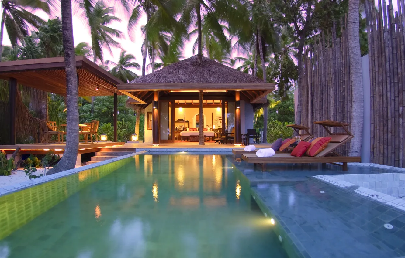 Photo wallpaper palm trees, home, pool, The Maldives, exotic, Bungalow