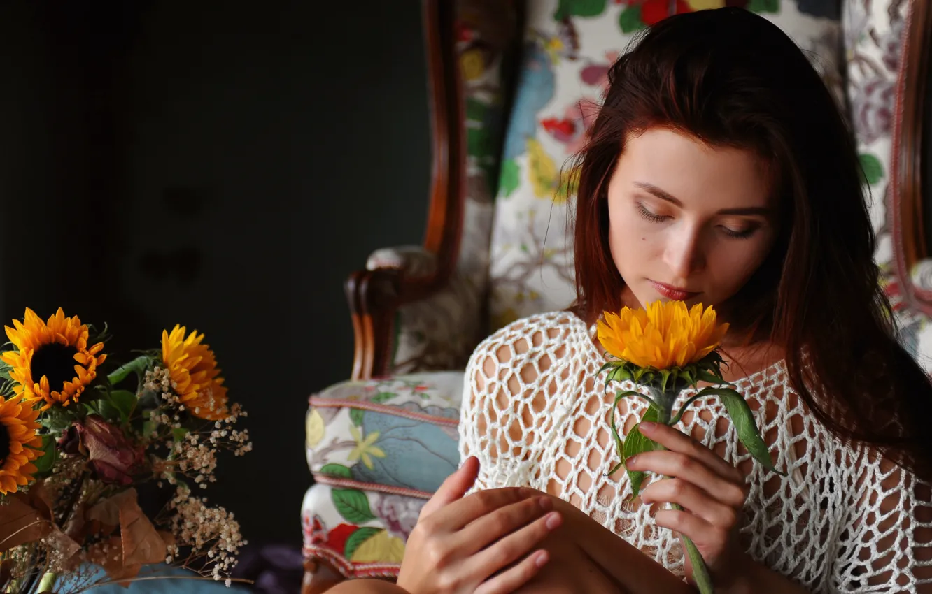 Photo wallpaper Flower, Flowers, Long hair, Chair, Look, Pose, Sunflower, Auburn