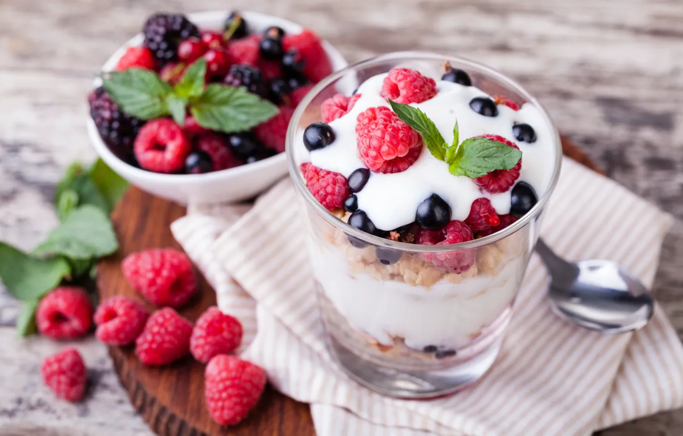 Photo wallpaper berries, dessert, cereal, yogurt