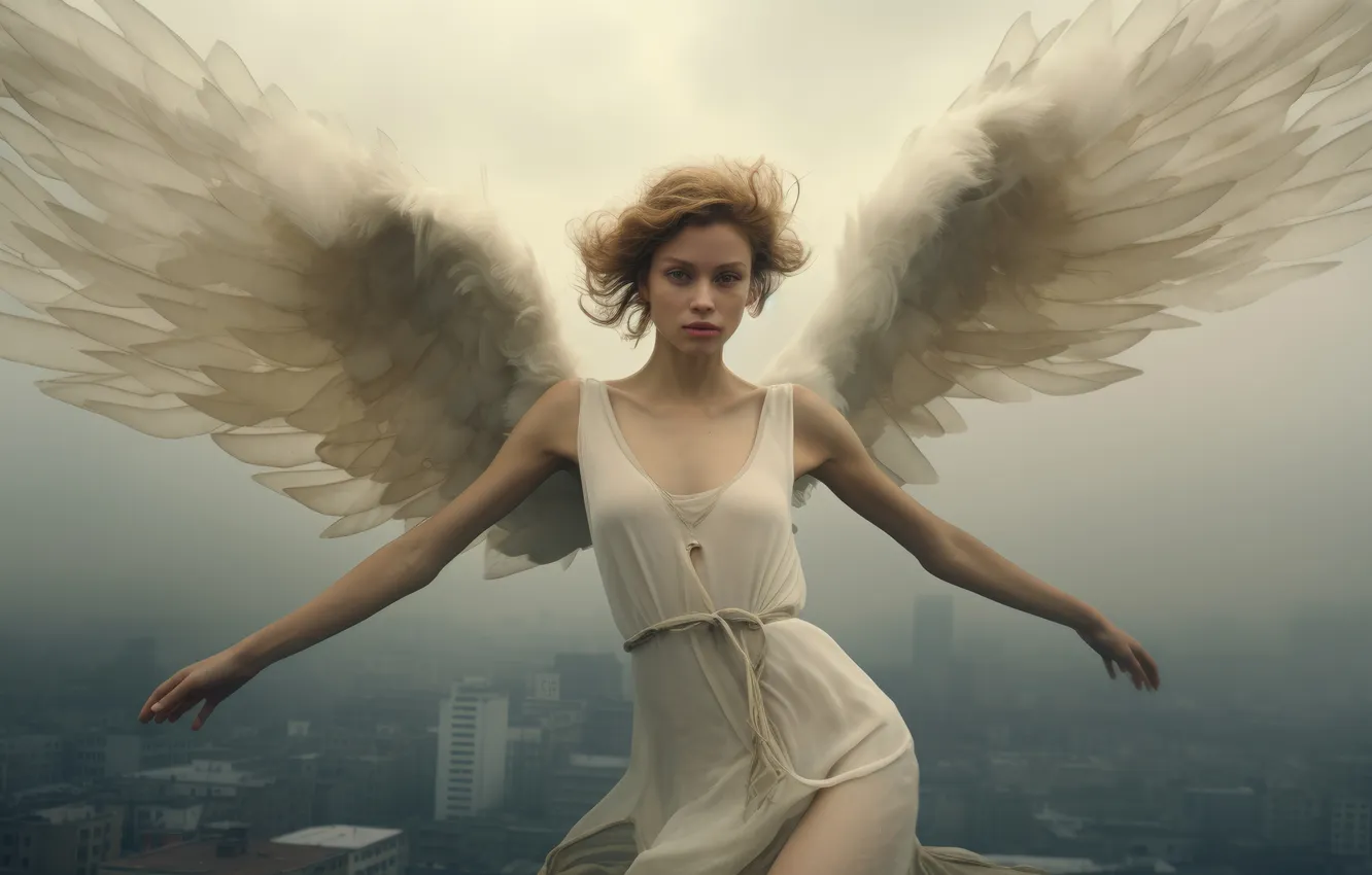 Photo wallpaper girl, fog, home, wings, angel, digital art, AI art, The Art of Artificial Intelligence
