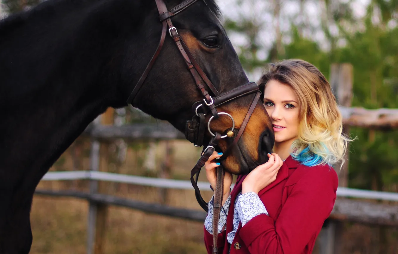 Photo wallpaper look, girl, pose, smile, each, horse, sweetheart, horse