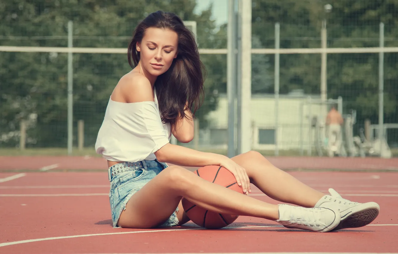 Photo wallpaper summer, girl, shorts, figure, cutie, Playground, basketball