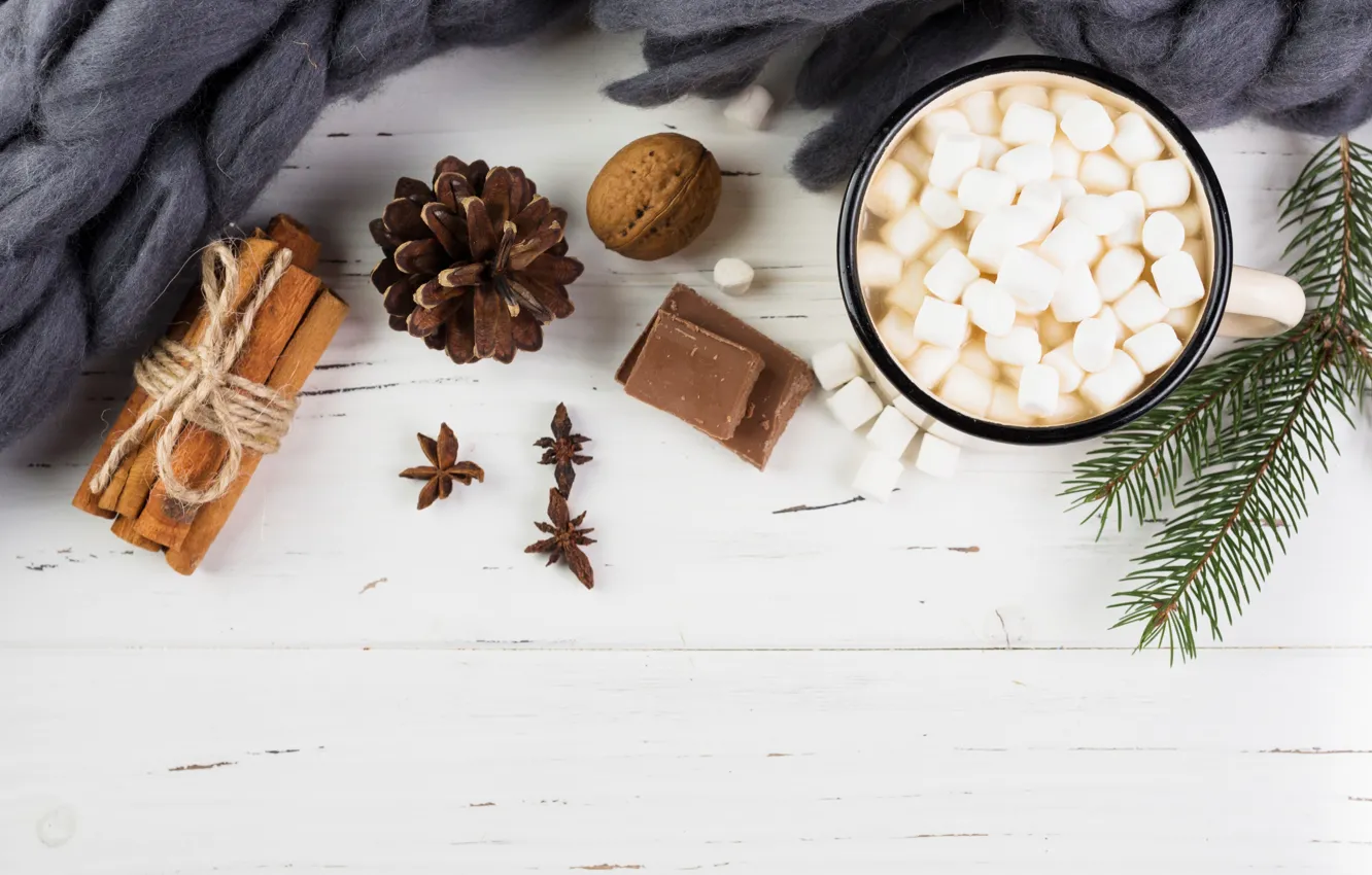 Photo wallpaper winter, scarf, cinnamon, chocolate, hot chocolate, anise star, Decoration