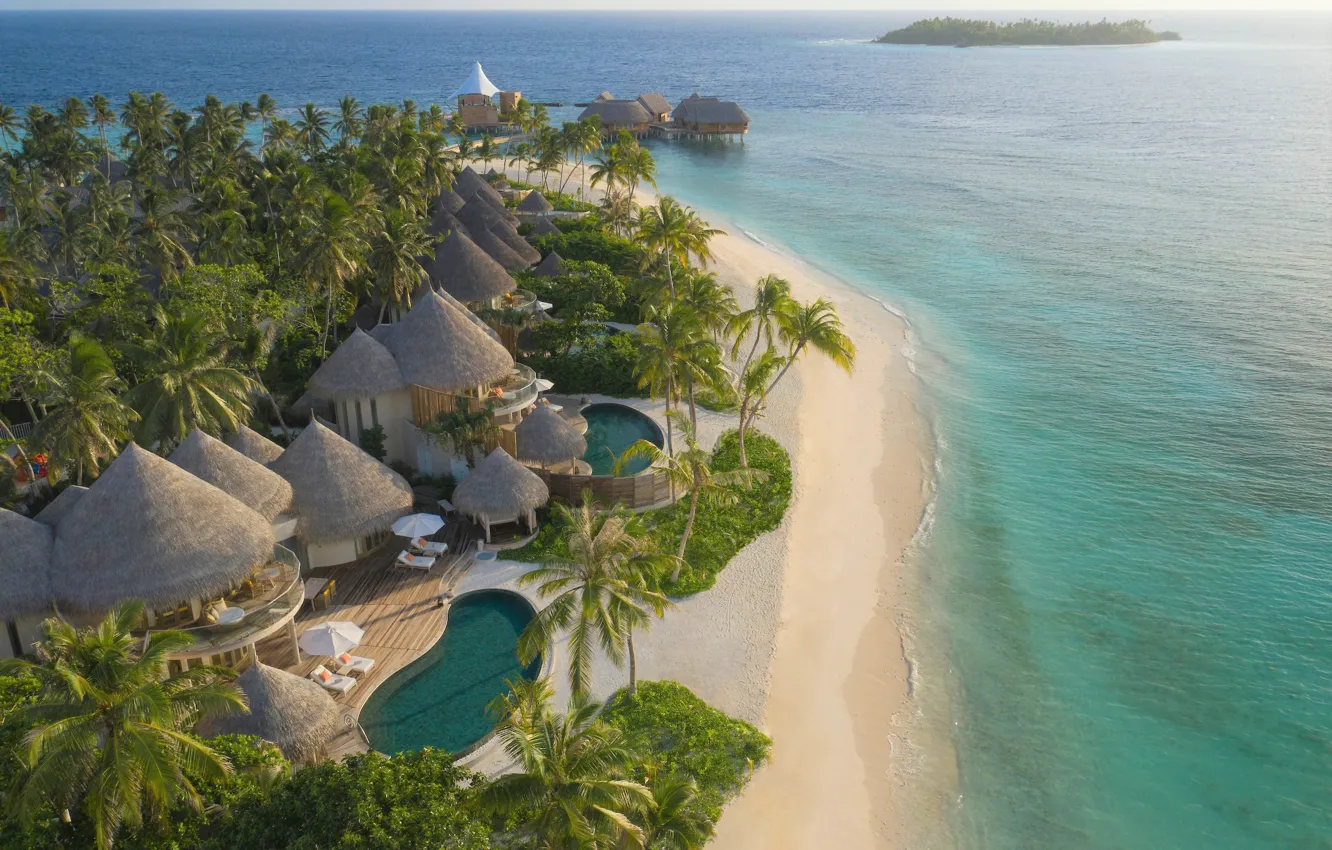Photo wallpaper sea, palm trees, pool, The Maldives, the hotel, Bungalow, The Nautilus Maldives