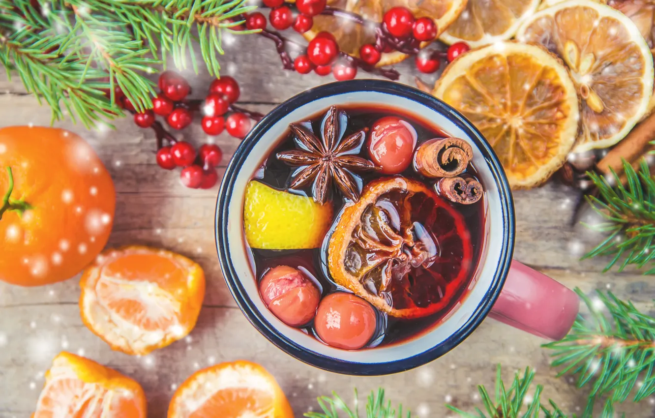 Photo wallpaper tea, new year, drink, cinnamon, carnation, slices, Mandarin