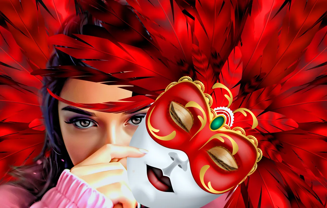 Photo wallpaper Girl, Look, Feathers, Face, Eyes, Mask, Red background, Masquerade
