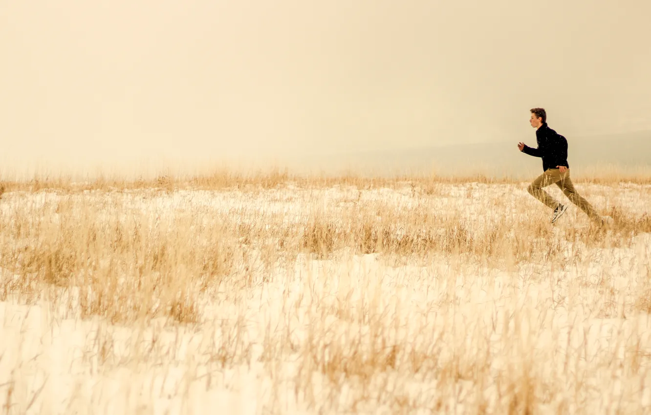 Photo wallpaper winter, field, grass, snow, running, male