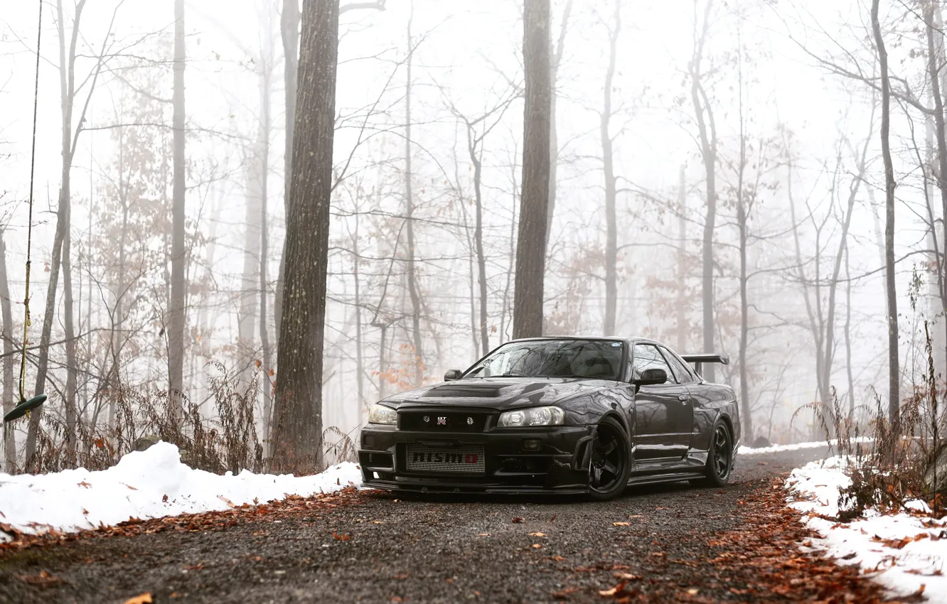 Photo wallpaper GTR, Nissan, Winter, Black, Snow, Autumn, R34, Forest
