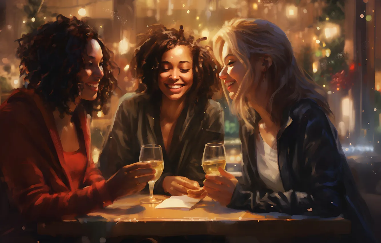 Photo wallpaper girl, joy, smile, glass, new year, Christmas, champagne, three