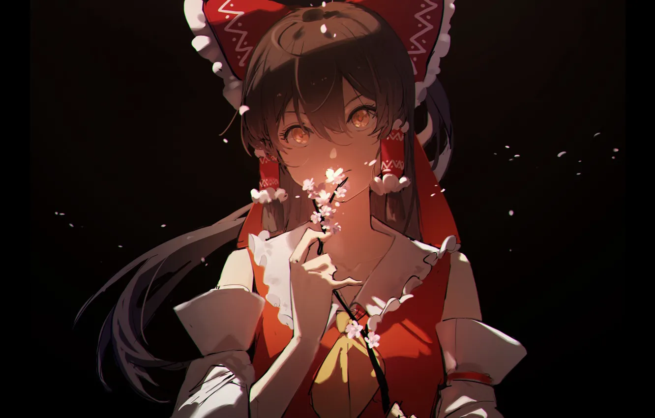 Photo wallpaper flowers, sprig, Sakura, Touhou Project, Reimu Hakurei