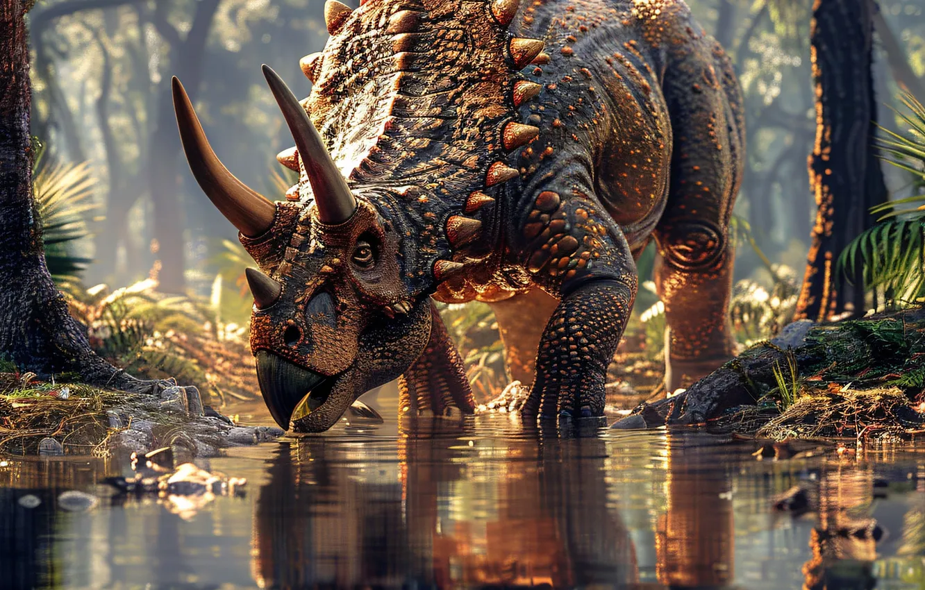 Photo wallpaper water, trees, reflection, animal, dinosaur, horns, drink, Triceratops