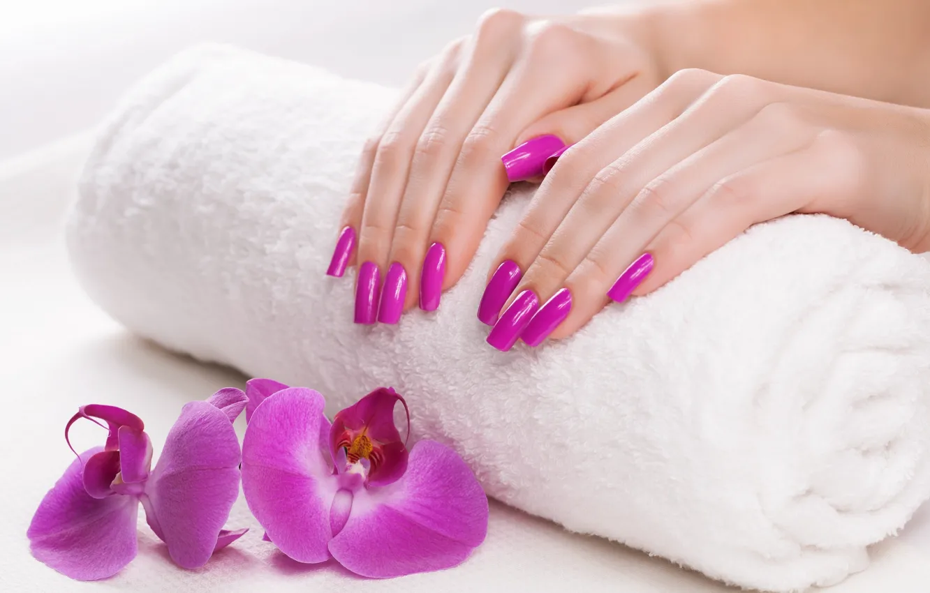 Photo wallpaper towel, hands, Orchid, manicure