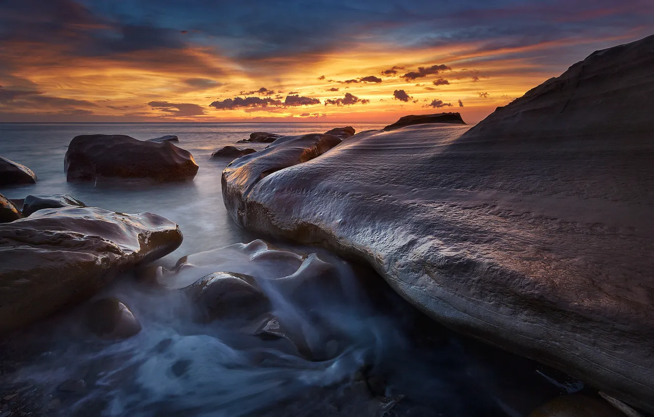 Photo wallpaper sea, sunset, rocks