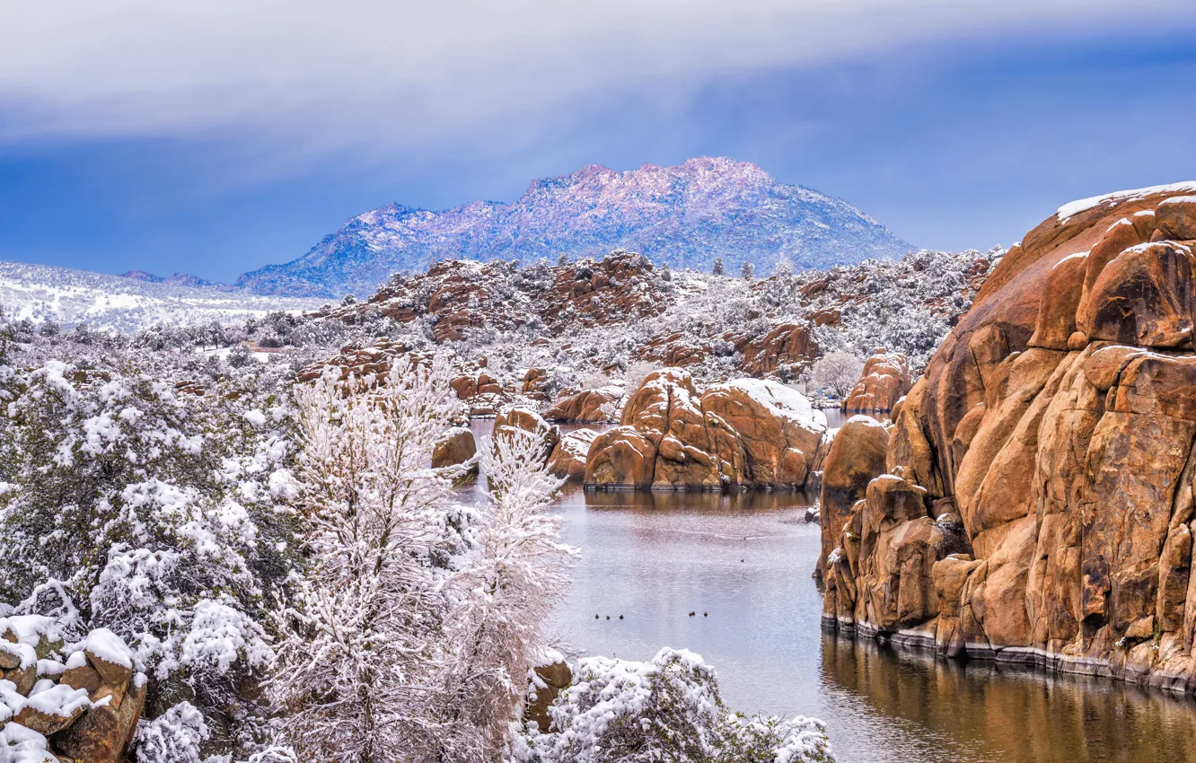 Photo wallpaper snow, mountains, rocks, AZ, USA, Granite Dells