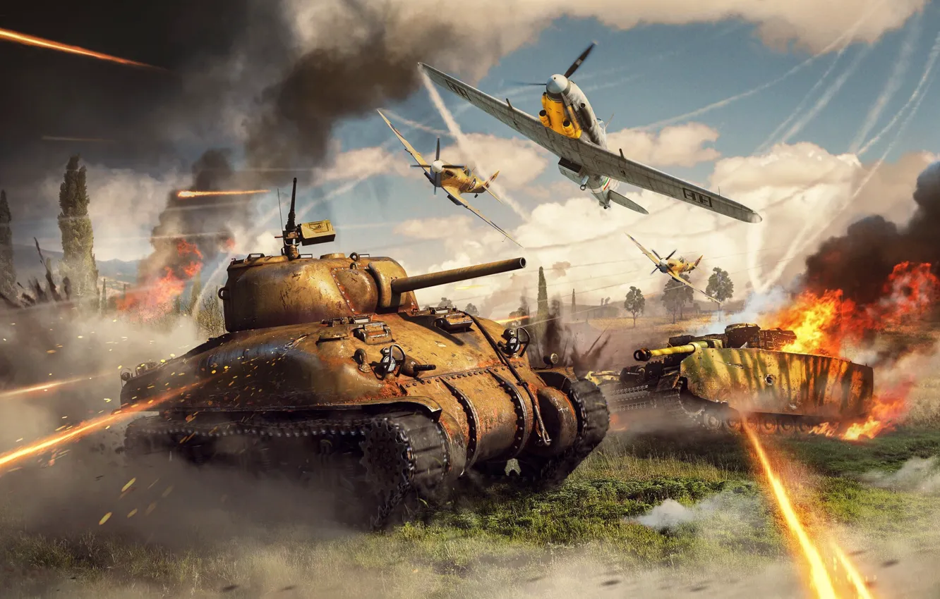 Photo wallpaper war, smoke, shot, tank, the plane, War Thunder