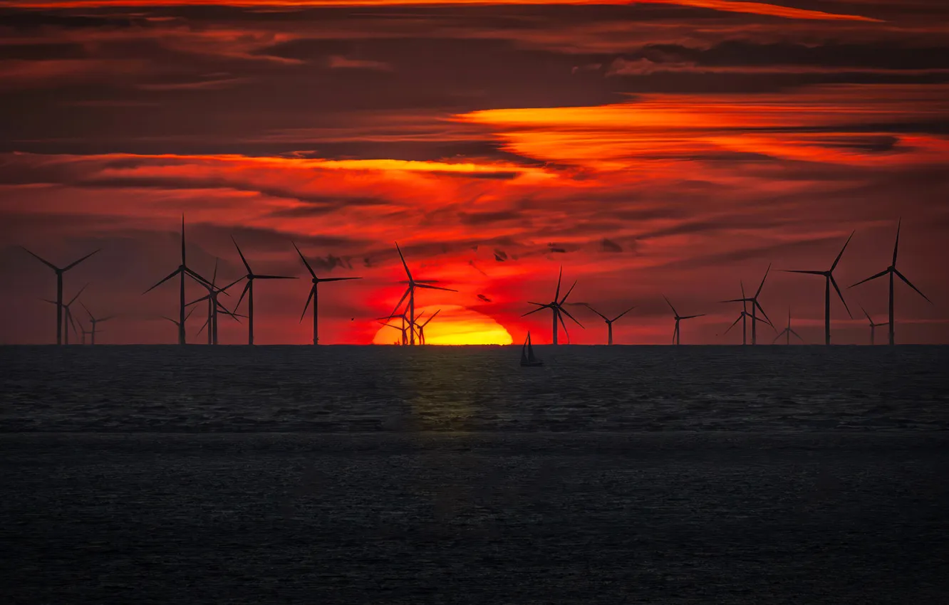 Photo wallpaper the sky, sunset, wind turbine