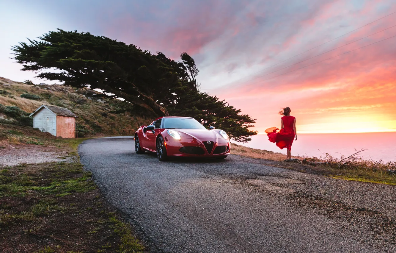 Photo wallpaper beach, girl, sunset, the wind, dress, Alfa Romeo, Launch Edition, 2015