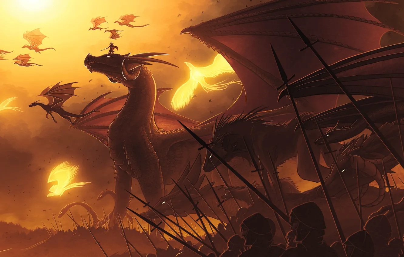 Photo wallpaper the sky, dragon, wolf, army, soldiers, spear, Phoenix, Hydra