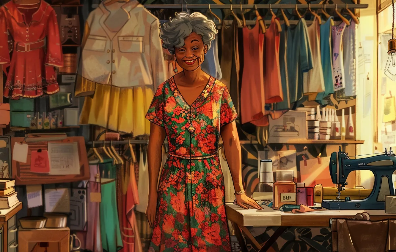 Photo wallpaper look, smile, table, clothing, grandma, designer, seamstress, digital art