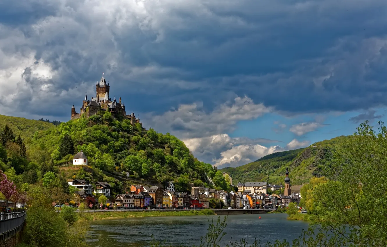 Photo wallpaper clouds, mountains, river, castle, home, Germany, promenade, Moselle