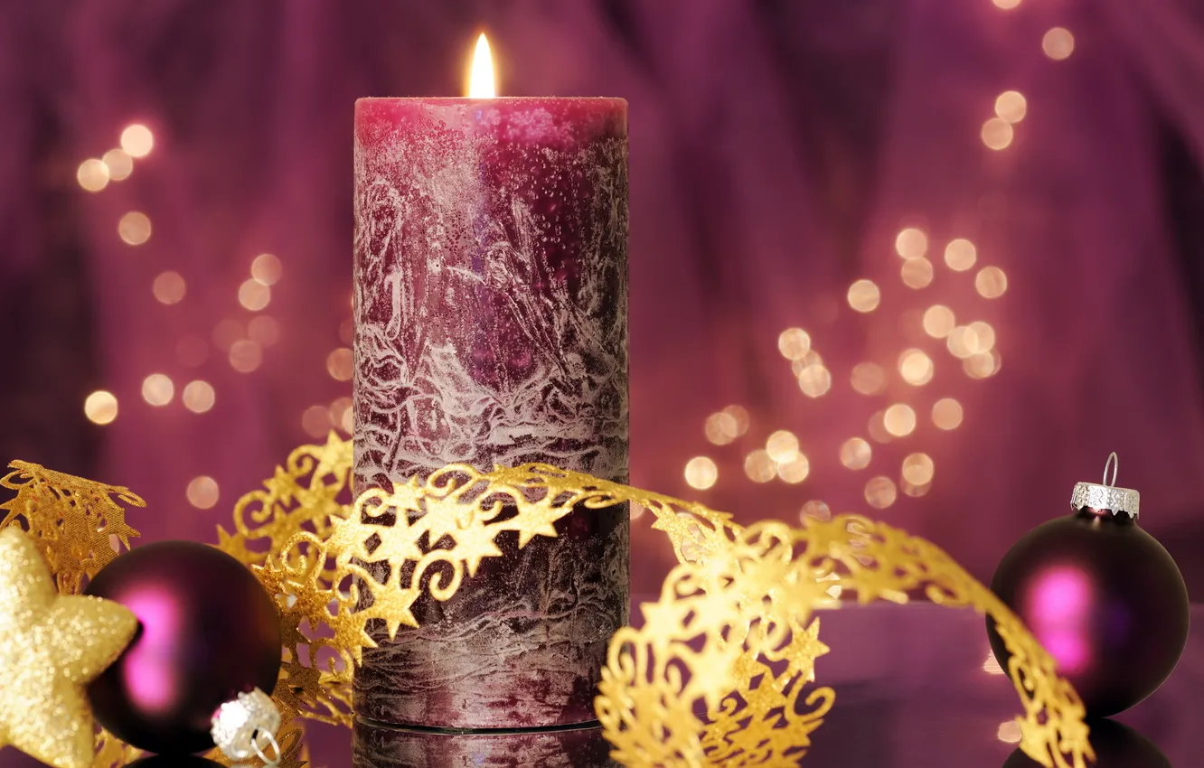 Photo wallpaper purple, stars, gold, balls, candles, tape, lilac, flickering