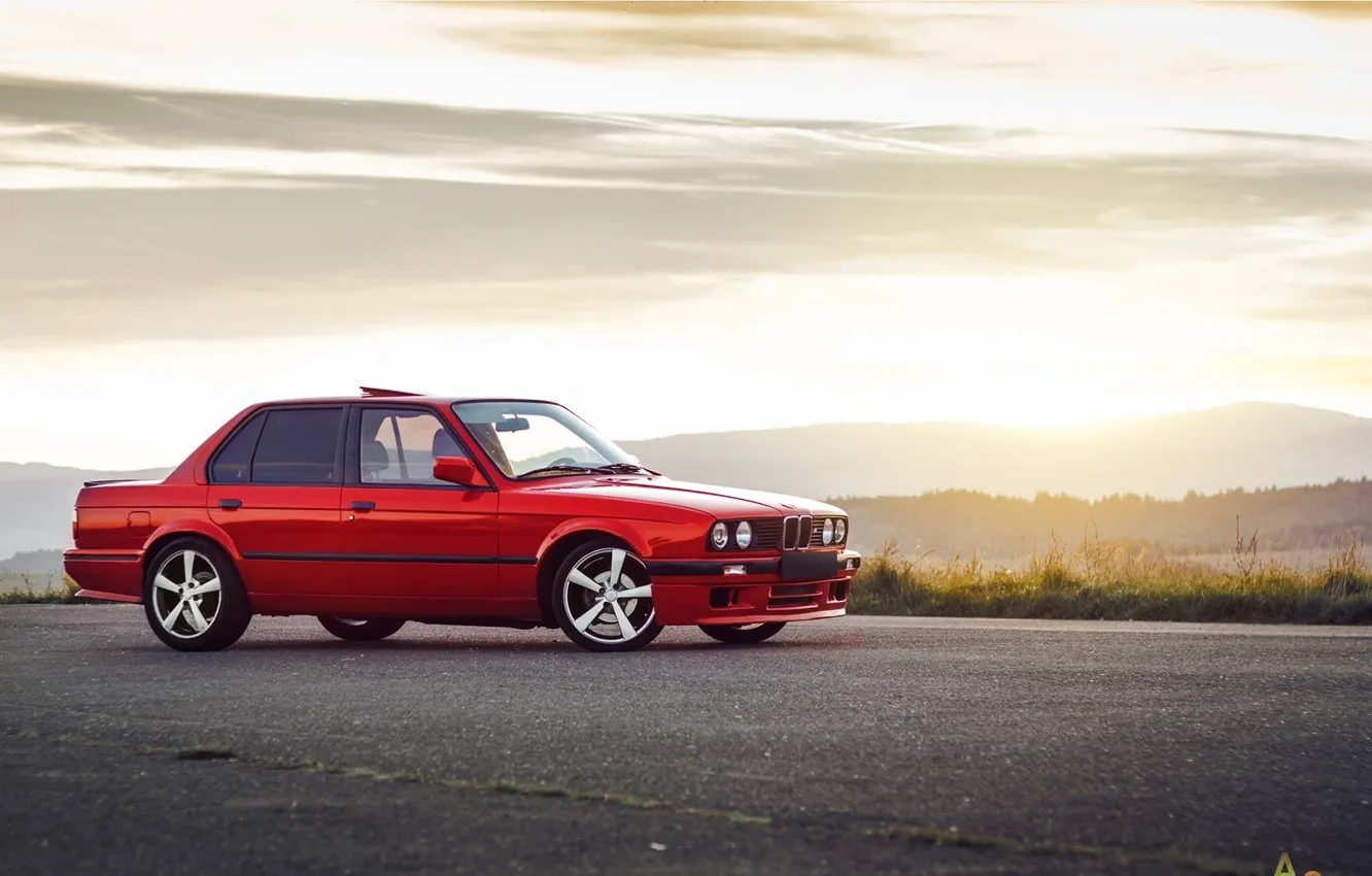 Photo wallpaper BMW, Red, Sun, Sunset, E30