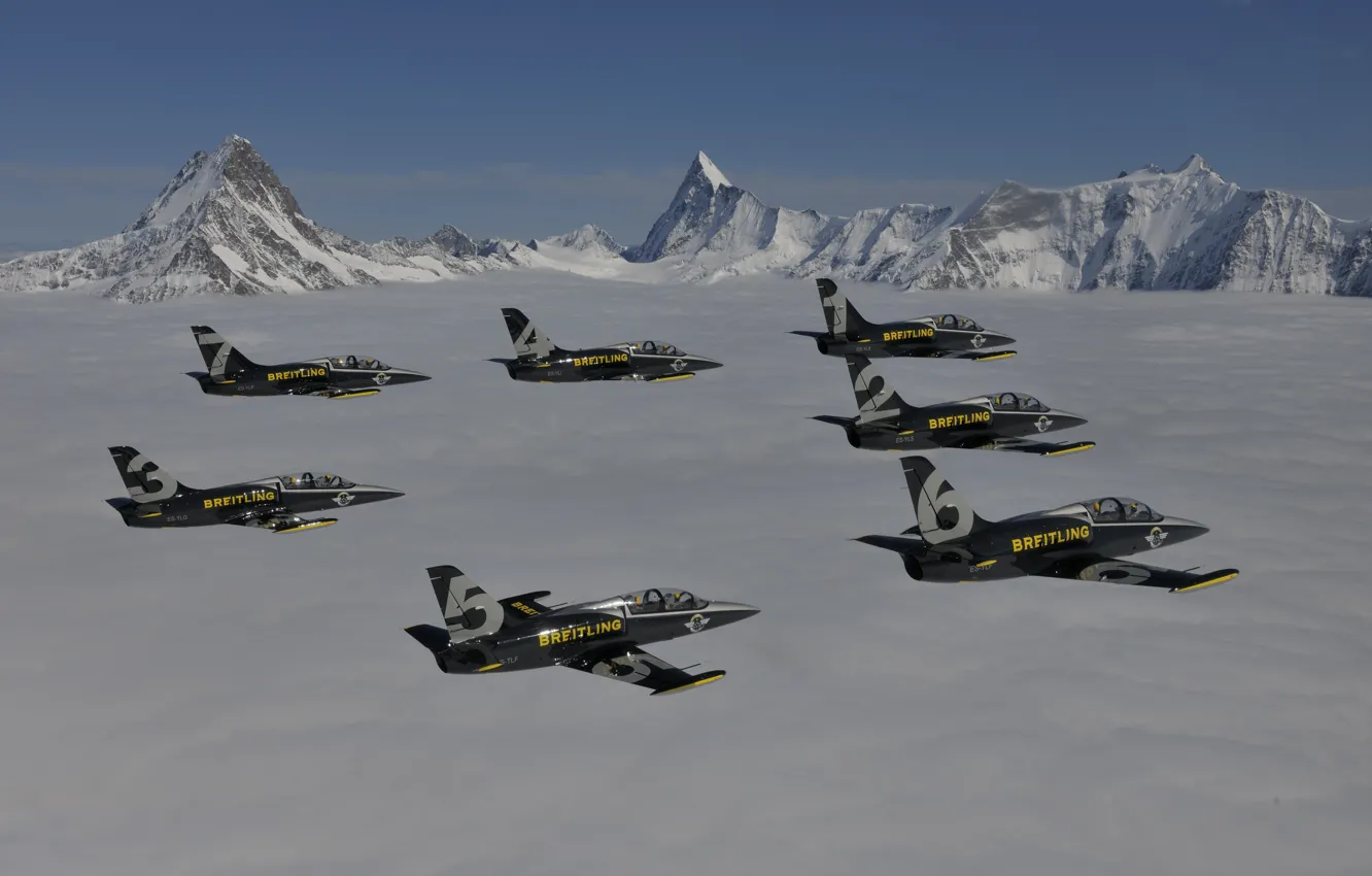 Photo wallpaper clouds, the plane, Mountains, Jet, Breitling, Breitling Jet Team, L-39 Albatros