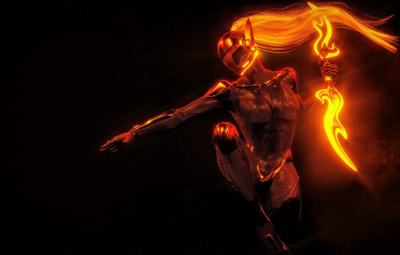 Photo wallpaper lights, movement, armor, fire, black background, armor, stand, black background