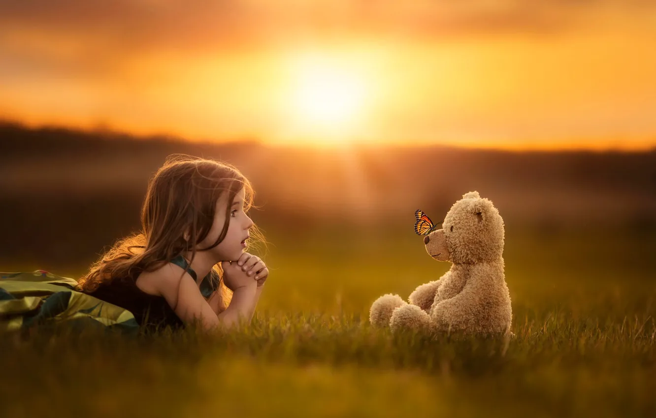 Photo wallpaper butterfly, toy, bear, girl