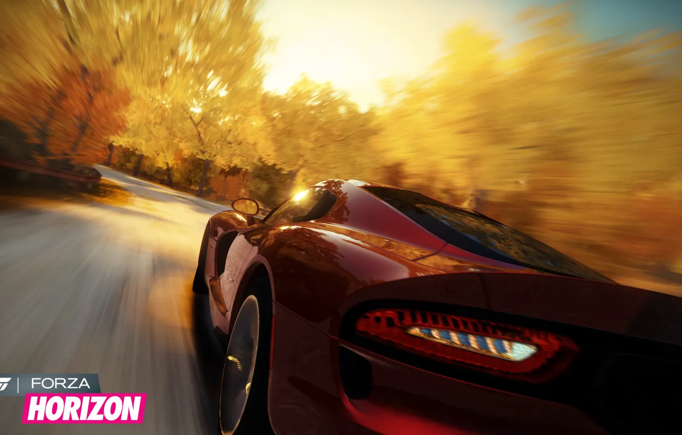 Photo wallpaper trees, red, speed, Dodge Viper, Forza Horizon