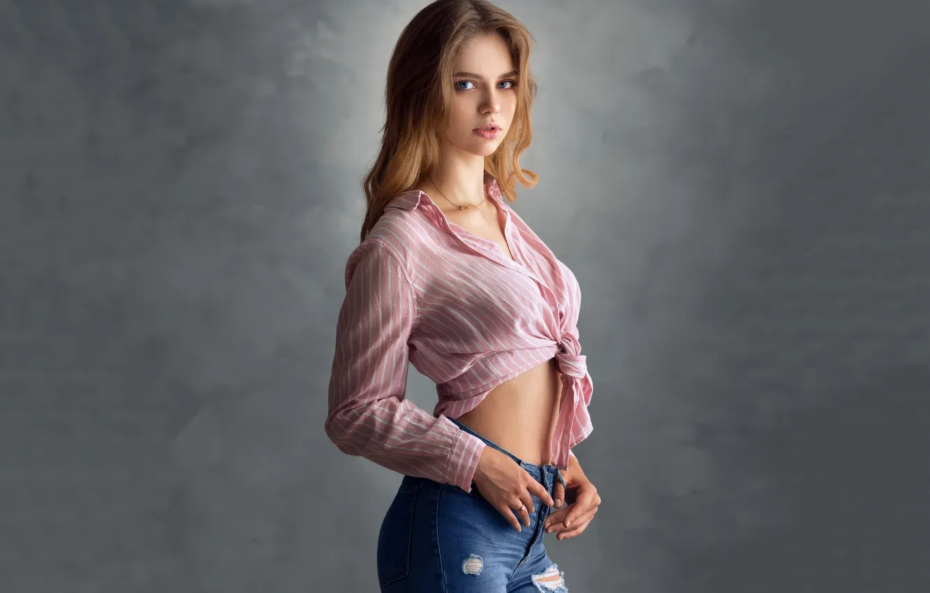 Photo wallpaper girl, blue eyes, beauty, lips, look, Youth, torn jeans