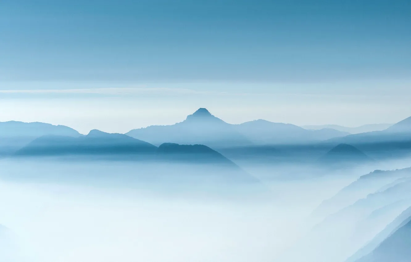 Photo wallpaper clouds, mountains, fog, minimalism, mountains, clouds, mist, asoggetti