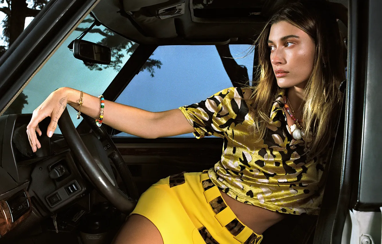 Photo wallpaper auto, look, girl, model, skirt, Vogue, Hailey Bieber