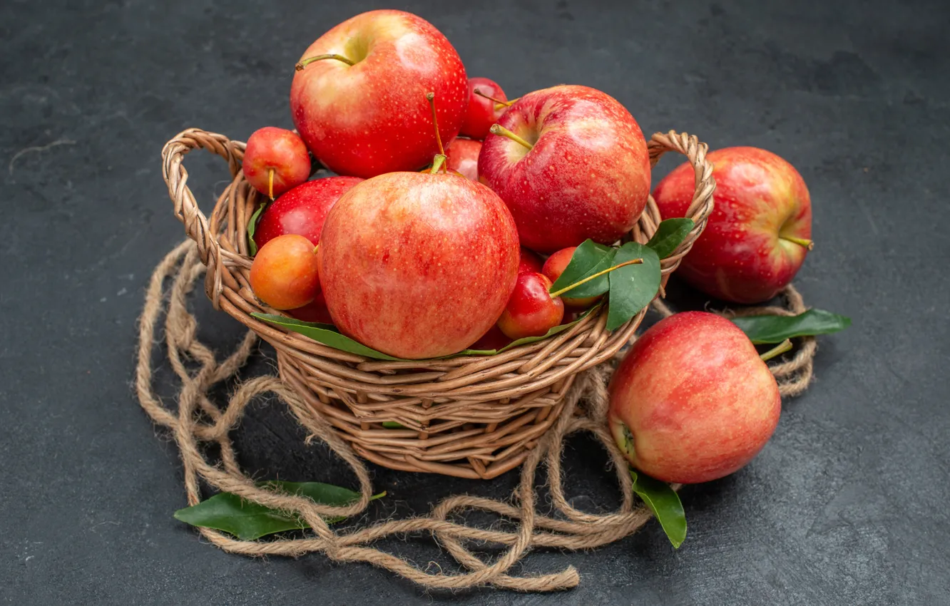 Photo wallpaper leaves, red, table, apples, rope, fruit, grey background, basket