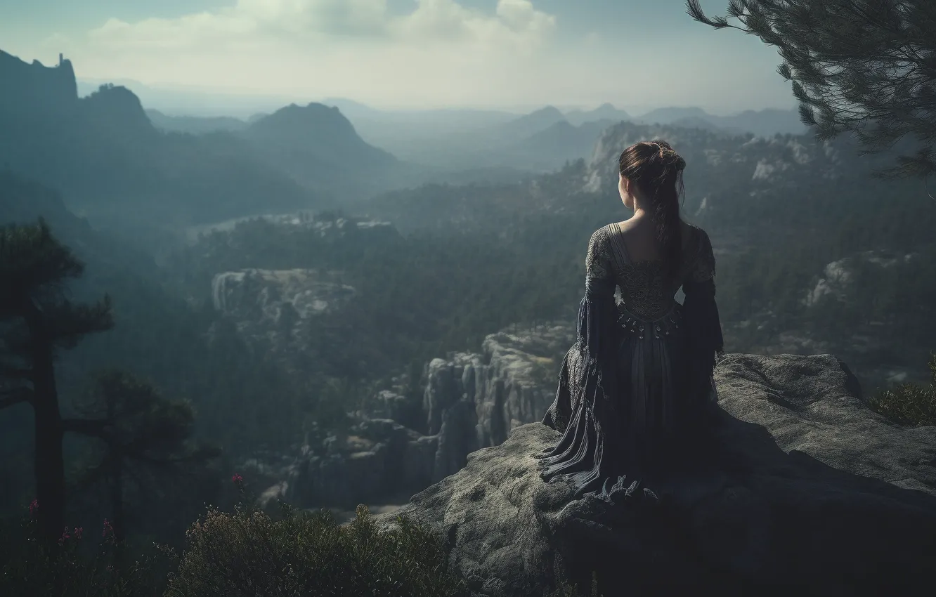 Photo wallpaper forest, girl, clouds, mountains, branches, nature, pose, fog