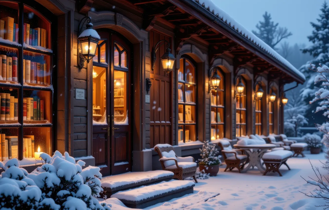 Photo wallpaper winter, frost, snow, night, new year, Christmas, lights, the snow