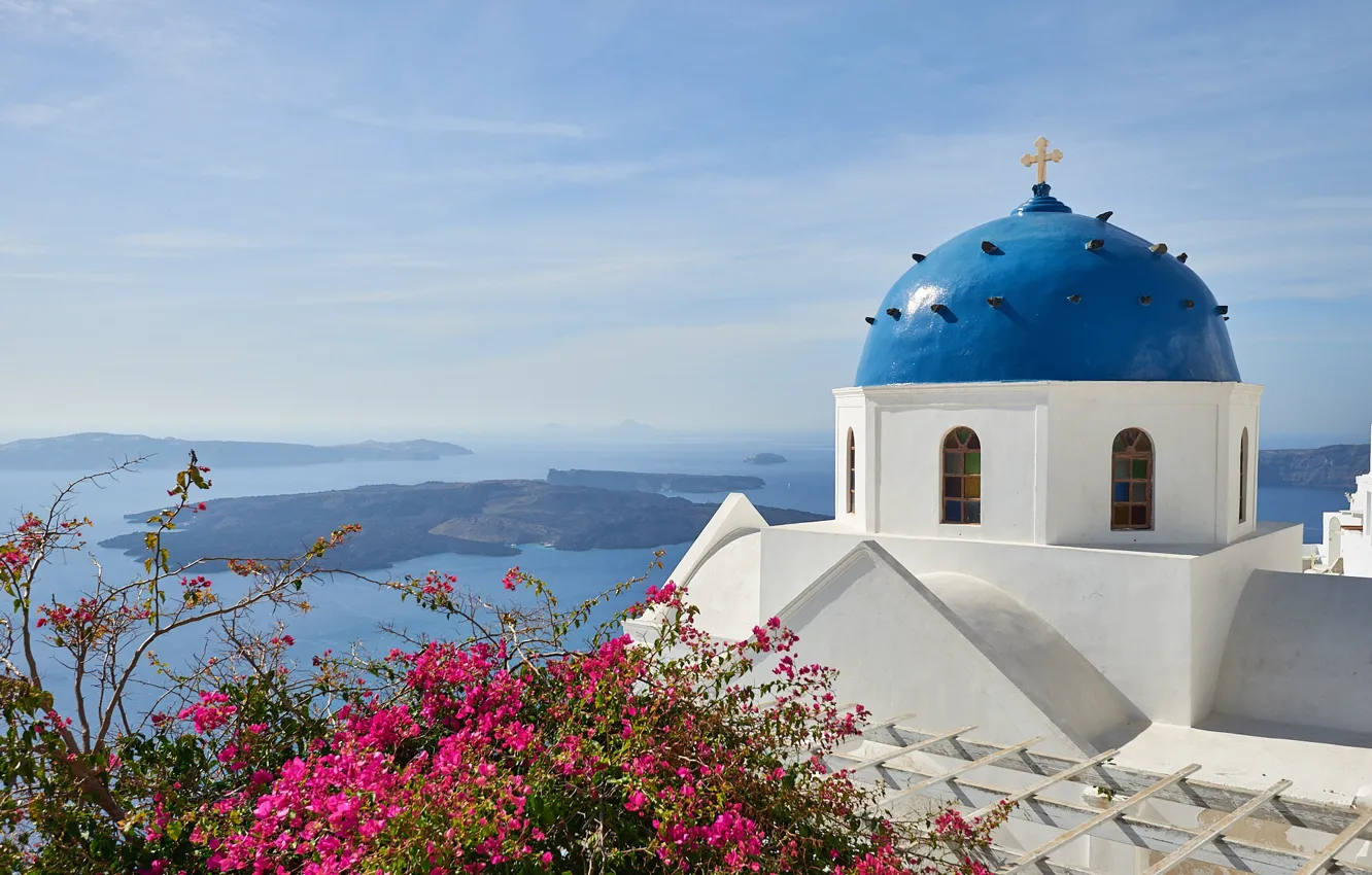 Photo wallpaper sea, Islands, Santorini, Greece, Church, the dome, Santorini, Greece