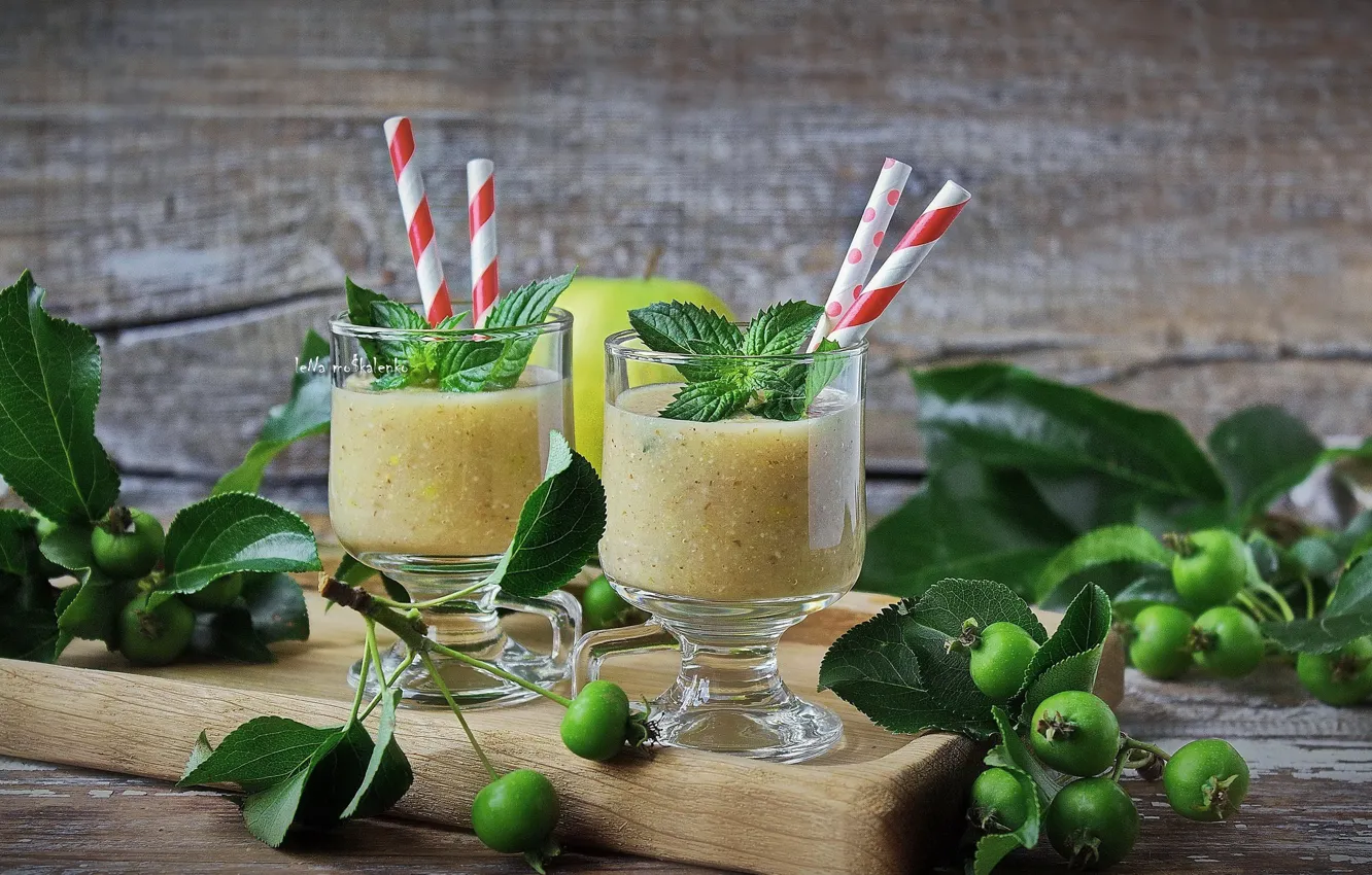 Photo wallpaper apples, drink, mint, wood, cutting Board, smoothies