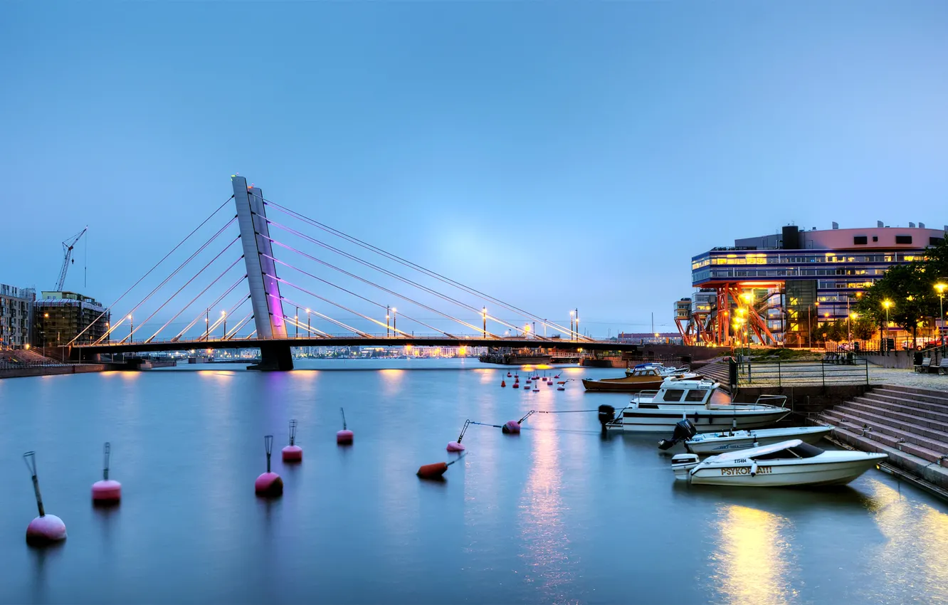 Photo wallpaper the sky, bridge, lights, river, home, the evening, support, channel