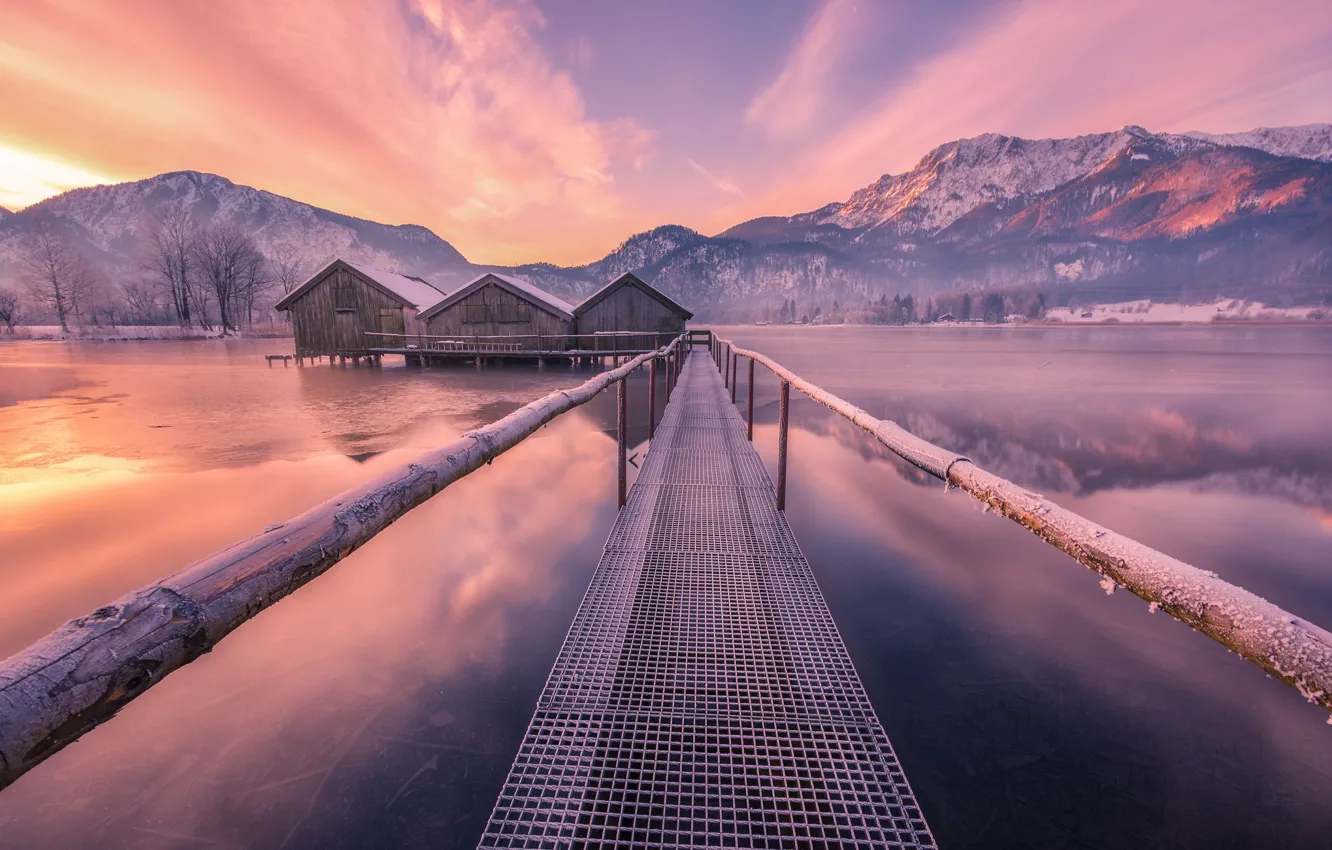 Photo wallpaper winter, bridge, lake