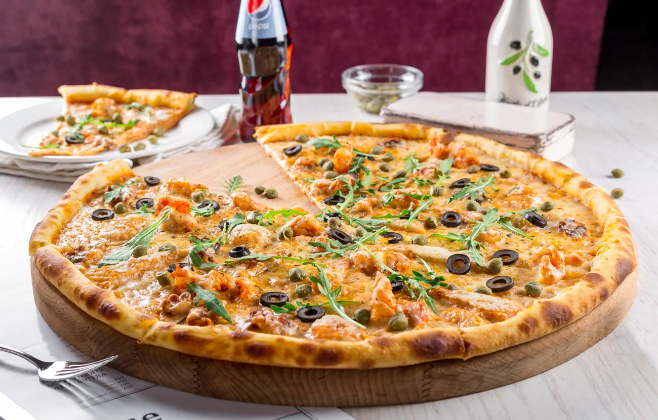 Photo wallpaper plug, pizza, slices, shrimp, Pepsi