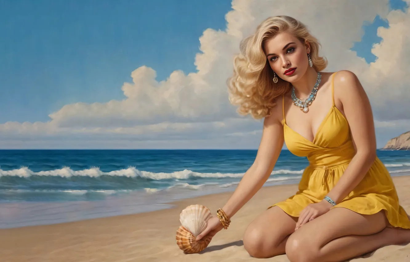 Photo wallpaper beach, girl, blonde, shell