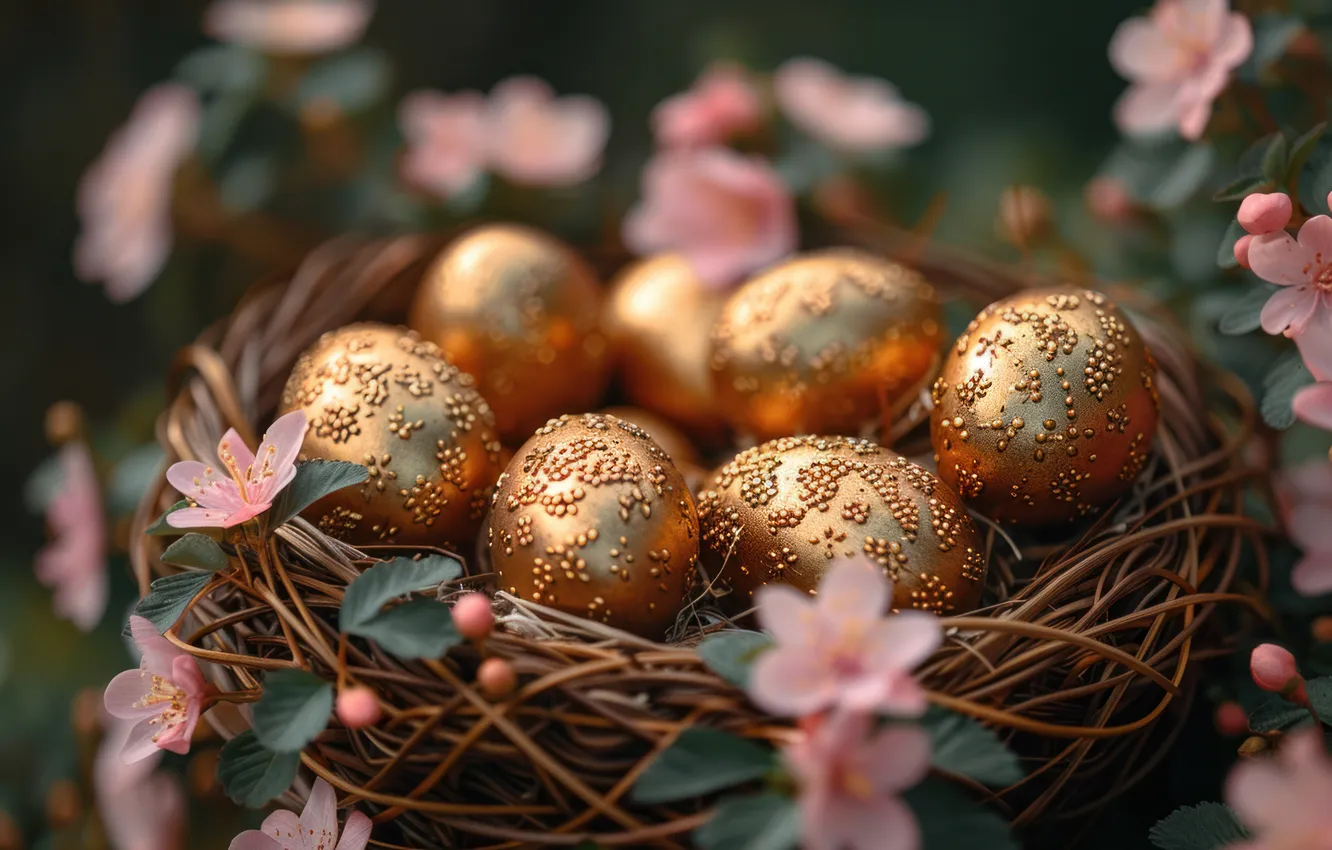 Photo wallpaper holiday, eggs, Easter, gold plated, basket, AI art, Easter background, neural network