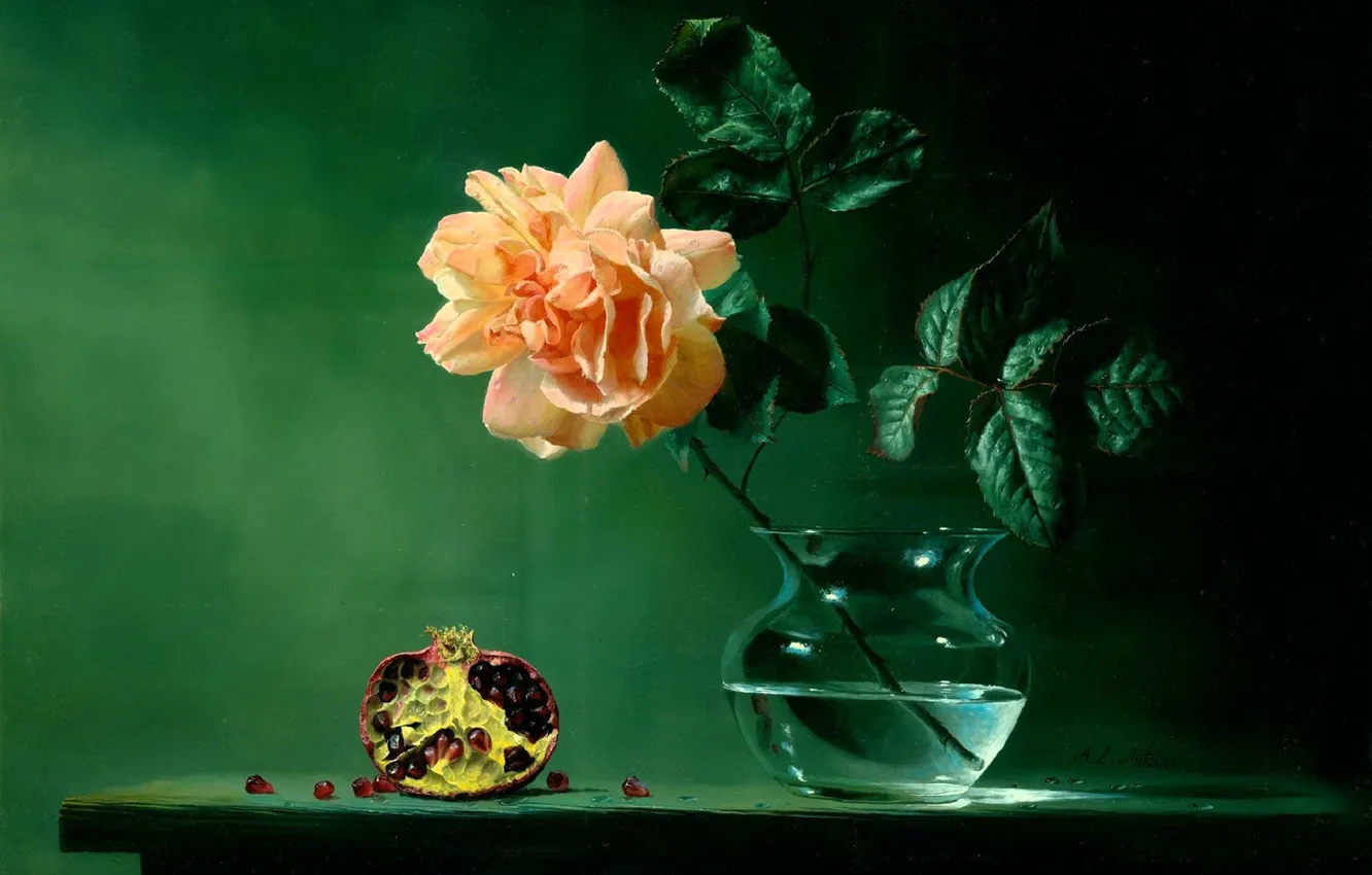 Photo wallpaper roses, vase, painting, garnet