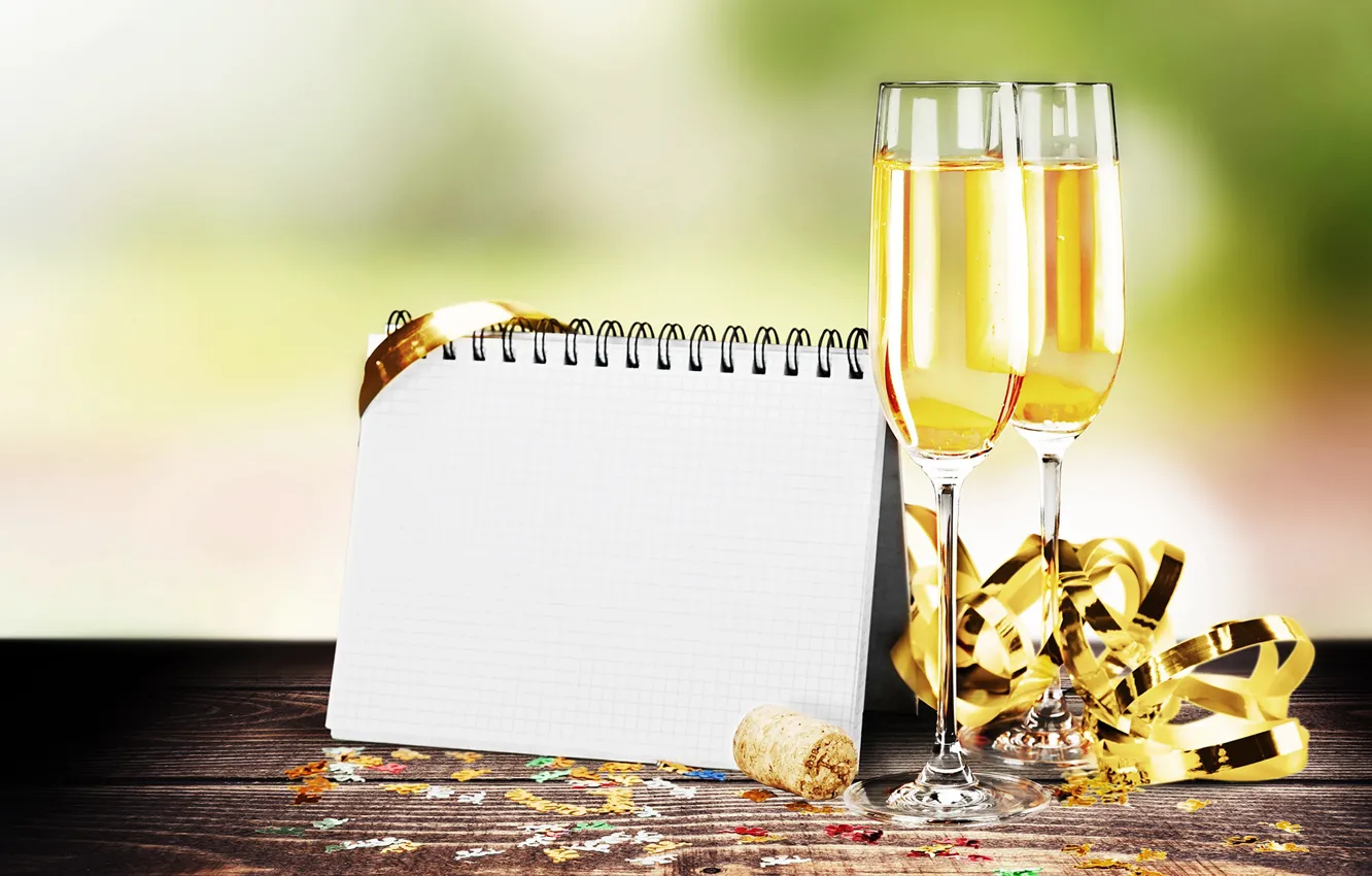 Photo wallpaper glasses, New year, Notepad, champagne