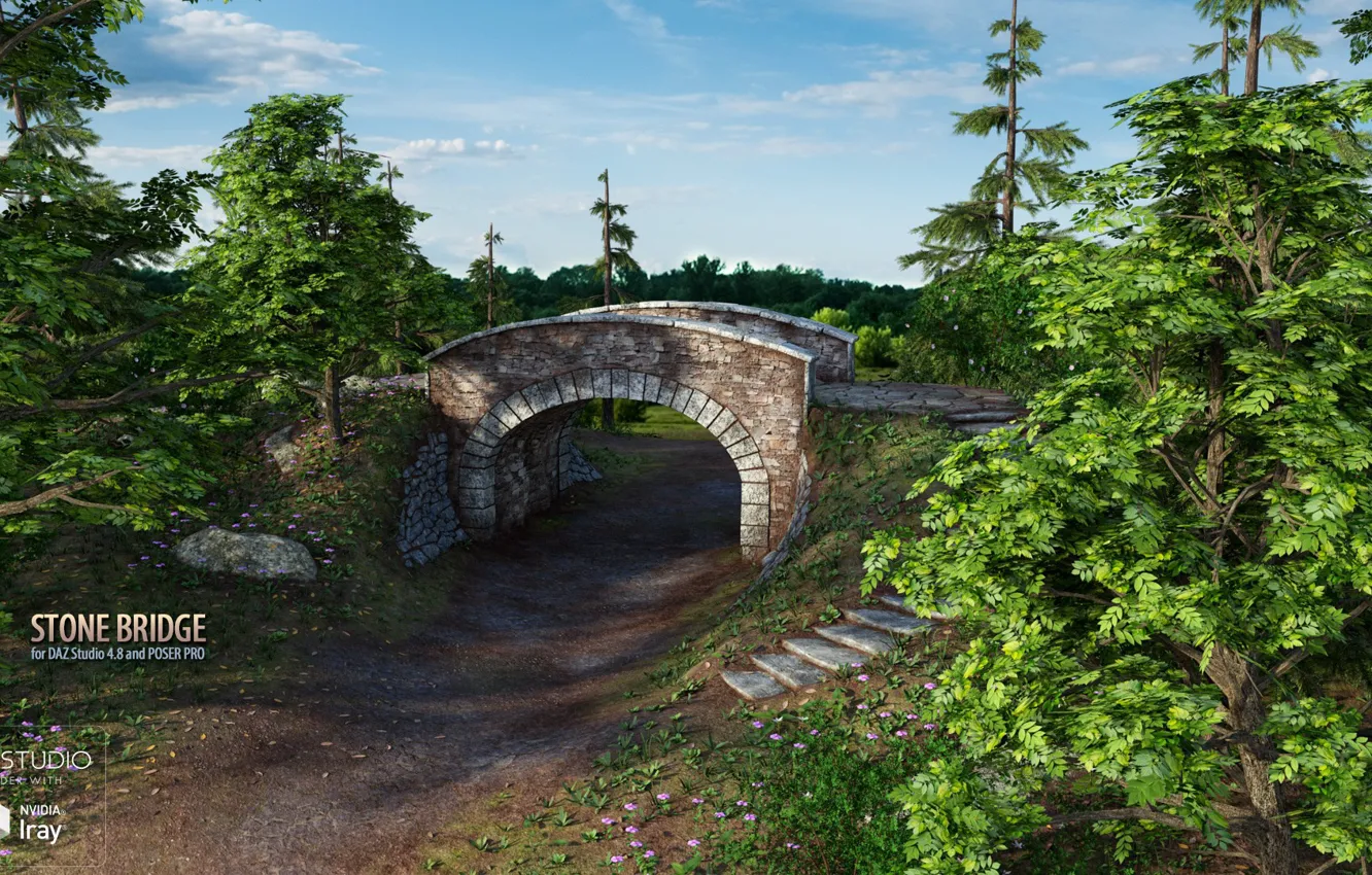 Photo wallpaper forest, bridge, vegetation, stage, Stone Bridge