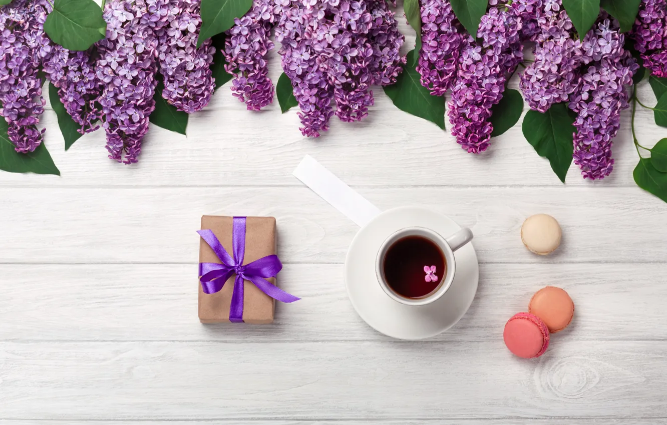 Photo wallpaper flowers, flowers, lilac, romantic, coffee cup, spring, purple, macarons