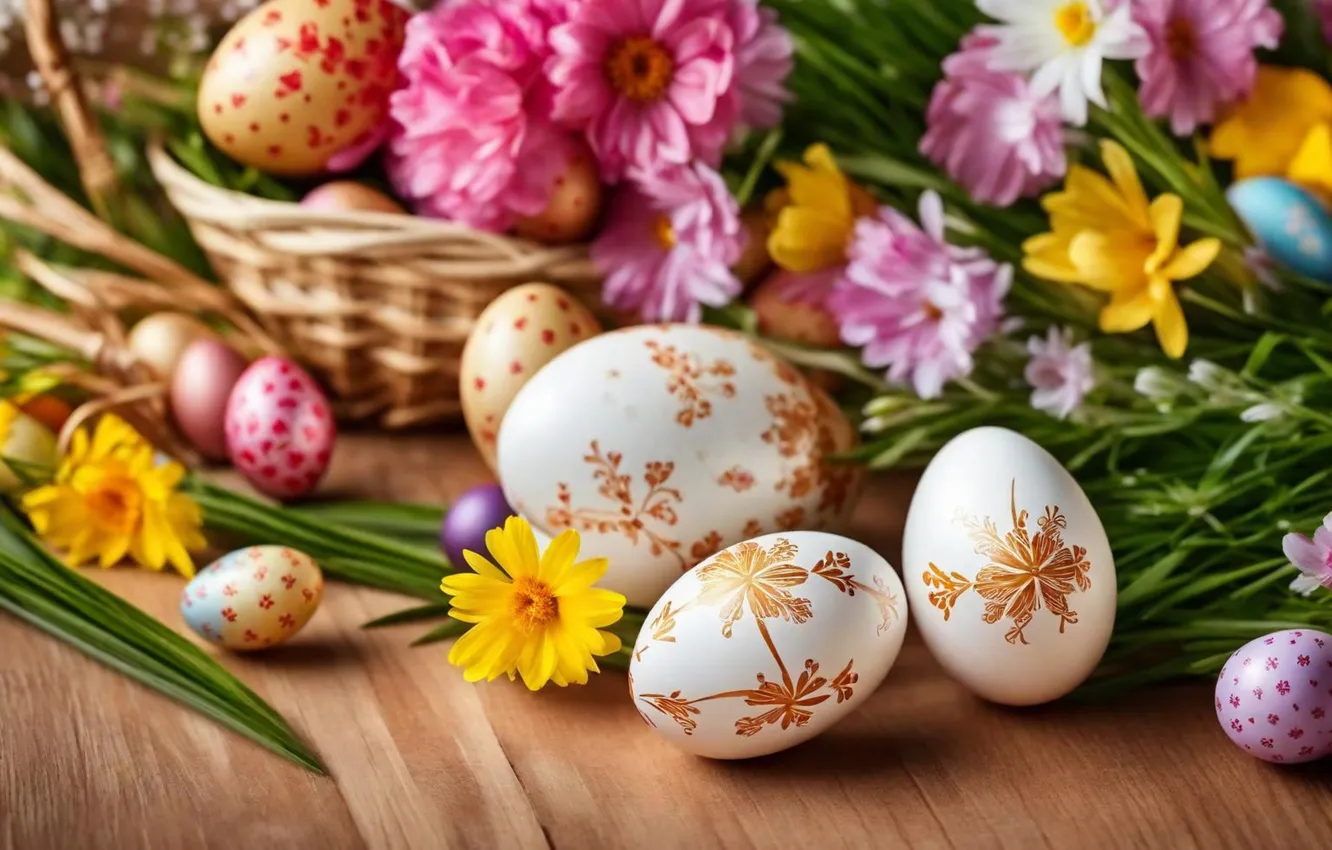 Photo wallpaper flowers, eggs, spring, colorful, Easter, flowers, spring, Easter